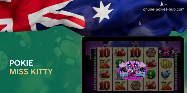 monitor with pokie miss kitty, australian flag, inscription on green playing chips and dice background