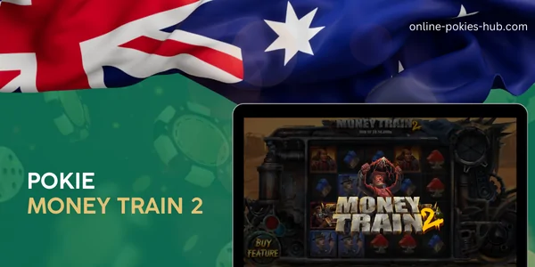 monitor with pokie money train 2, australian flag, inscription on green playing chips and dice background