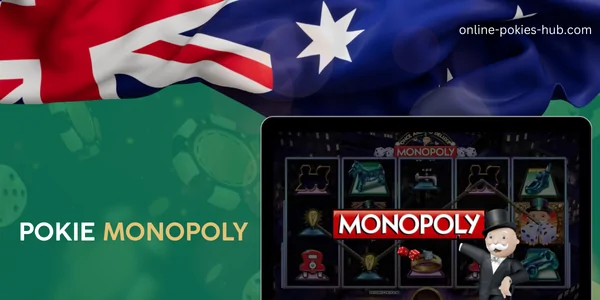 monitor with pokie monopoly, australian flag, inscription on green playing chips and dice background