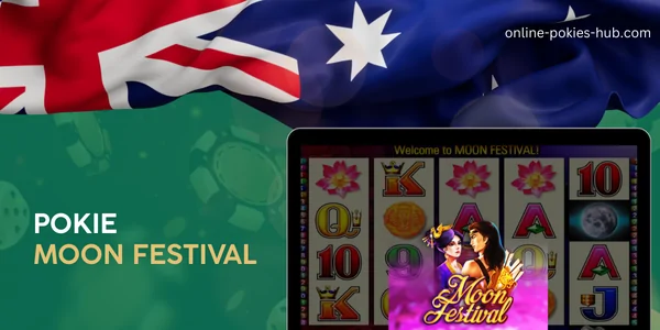monitor with pokie moon festival, australian flag, inscription on green playing chips and dice background