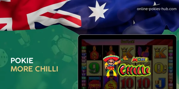 monitor with pokie more chilli, australian flag, inscription on green playing chips and dice background