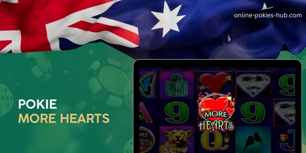 monitor with pokie more hearts, australian flag, inscription on green playing chips and dice background