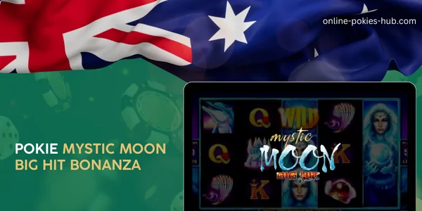monitor with pokie mystic moon big hit bonanza, australian flag, inscription on green playing chips and dice background