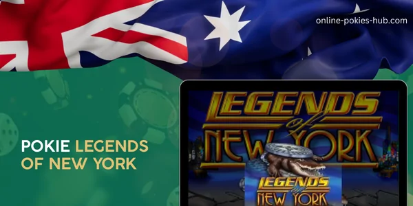 monitor with pokie legends of new york, australian flag, inscription on green playing chips and dice background