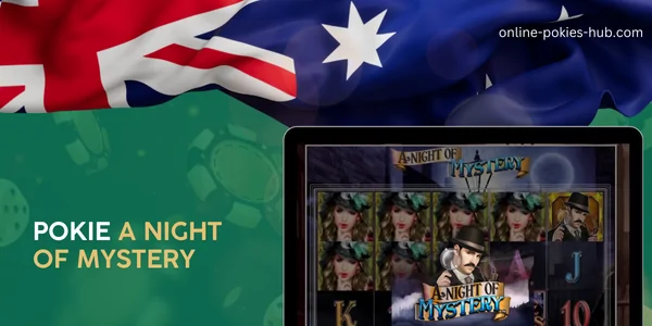 monitor with pokie a night of mystery, australian flag, inscription on green playing chips and dice background