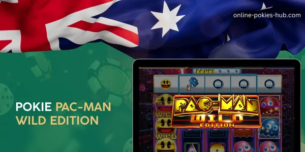 monitor with pokie pac-man wild edition, australian flag, inscription on green playing chips and dice background