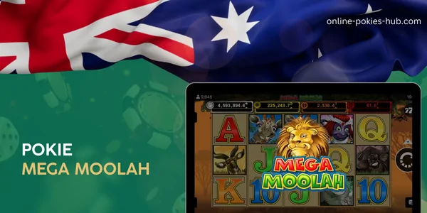 monitor with pokie mega moolah, australian flag, inscription on green playing chips and dice background