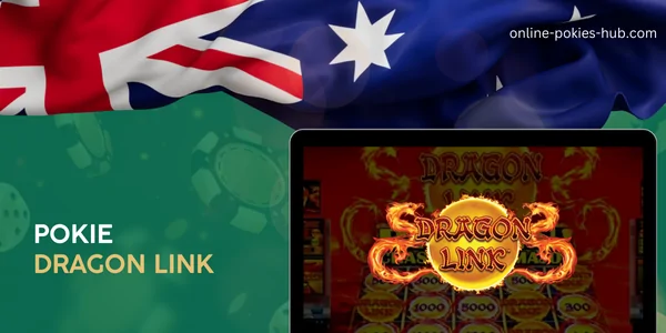 monitor with pokie dragon link, australian flag, inscription on green playing chips and dice background