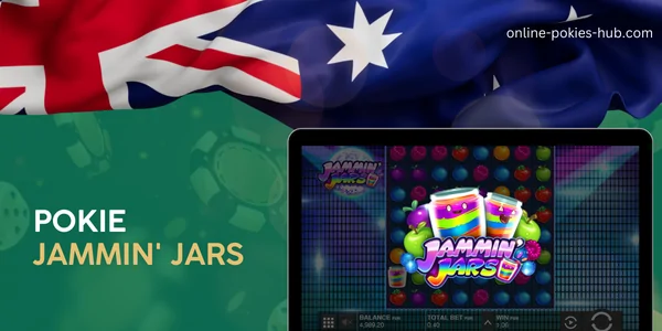 monitor with pokie jammin' jars, australian flag, inscription on green playing chips and dice background
