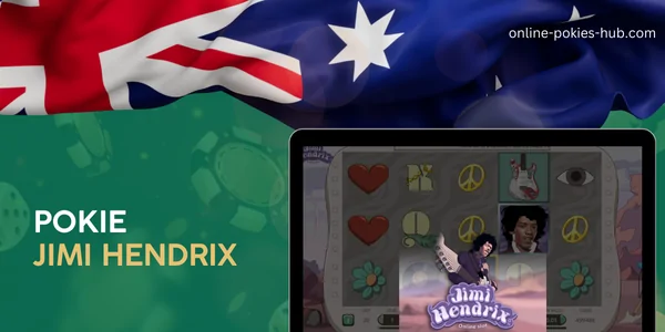monitor with pokie jimi hendrix, australian flag, inscription on green playing chips and dice background
