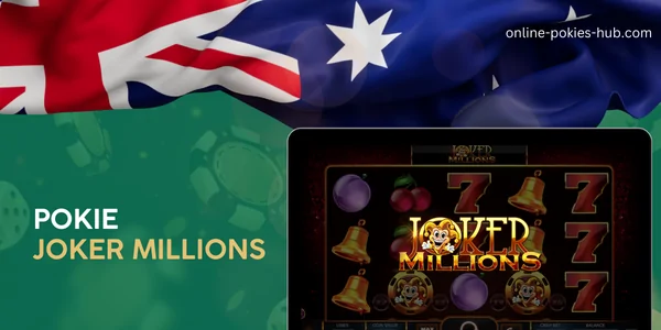 monitor with pokie joker millions, australian flag, inscription on green playing chips and dice background