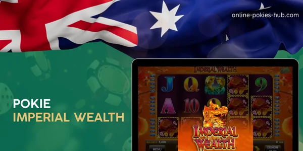monitor with pokie imperial wealth, australian flag, inscription on green playing chips and dice background